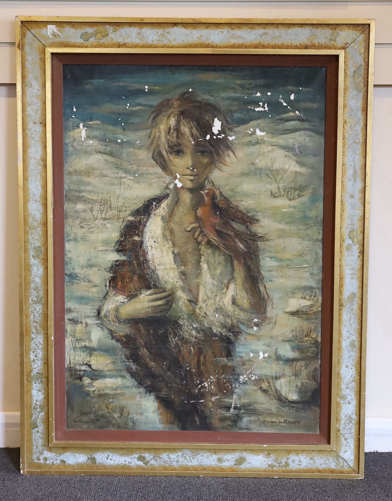 Ghislaine Lesourt-Rottinger, oil on canvas, Youth in a landscape, signed, 91 x 65cm (a.f.)
